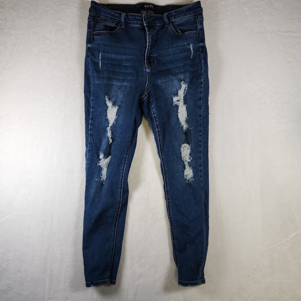 Wax Jean Los Angeles Womens Dark Wash Distressed High Rise Skinny Jeans